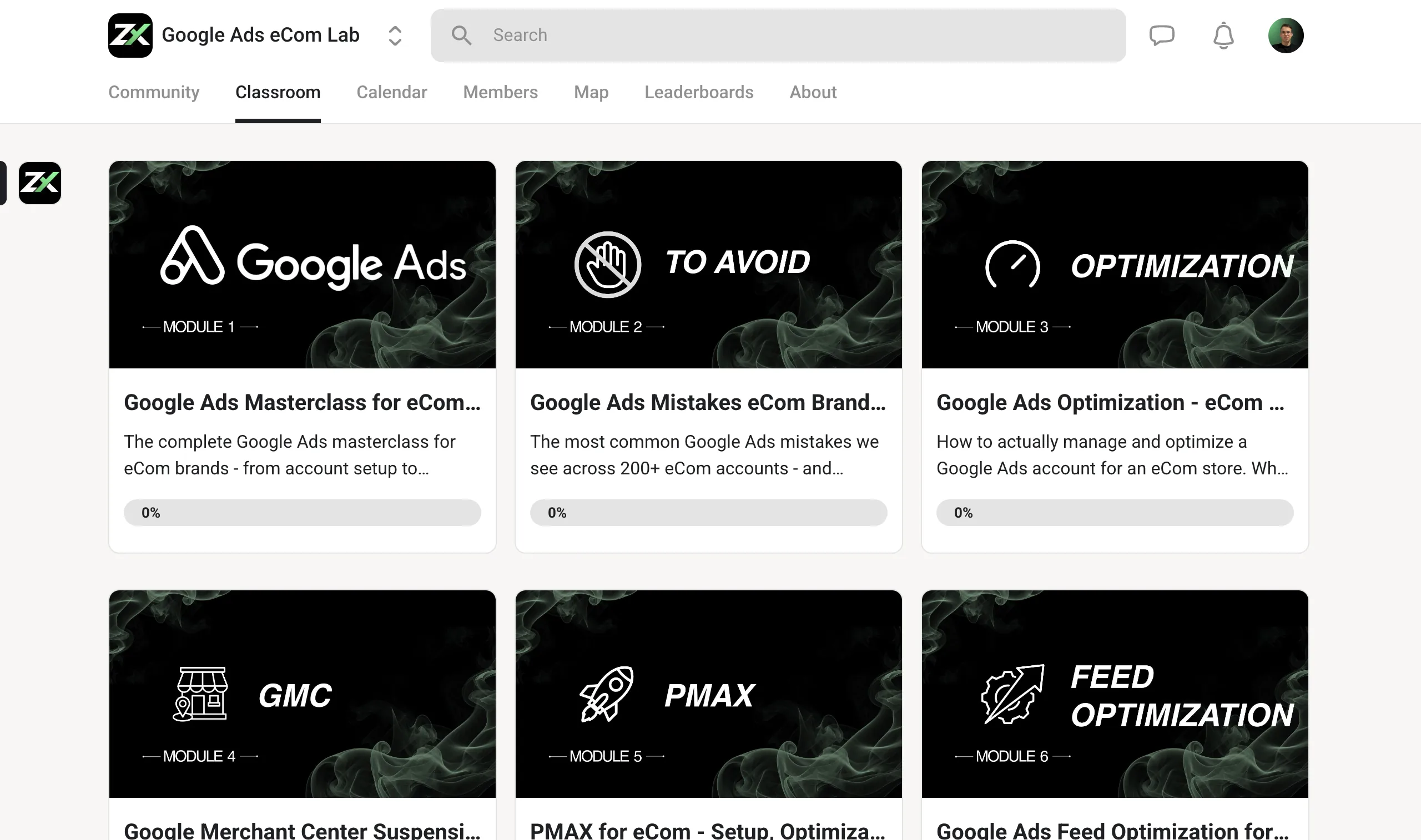 The Google Ads eCom Lab classroom inside Skool showing structured course modules