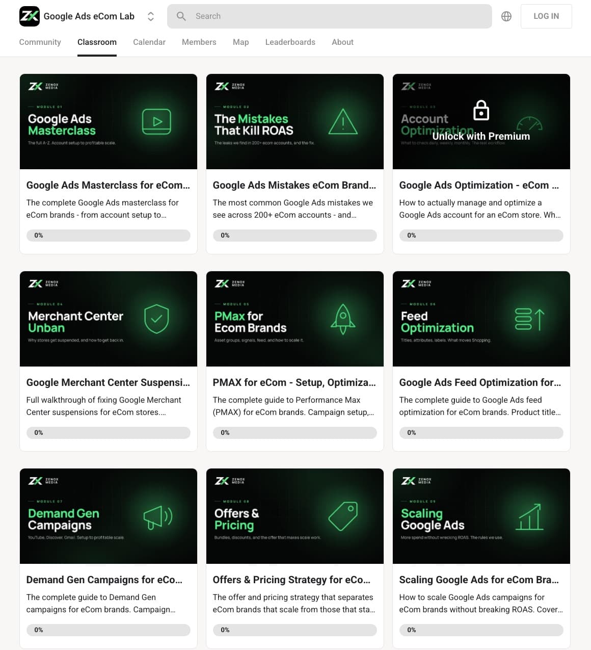 Our Google Ads eCom Lab classroom on Skool, logged out, 8 October 2026: nine course cards. Eight are open. Google Ads Optimization shows a Premium lock.