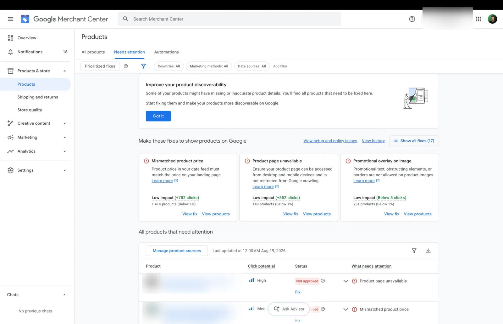 Merchant Center Needs Attention tab listing product issues with click-potential and status columns