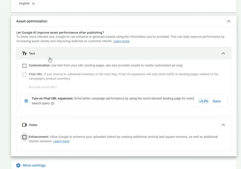 Performance Max Asset optimization settings with Text customization, Final URL and Video enhancement checkboxes all unticked