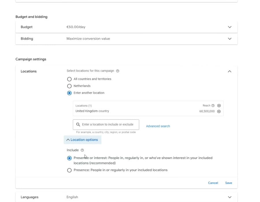 Google Ads campaign settings with Locations open, United Kingdom added and the Presence and Presence or interest options under Location options