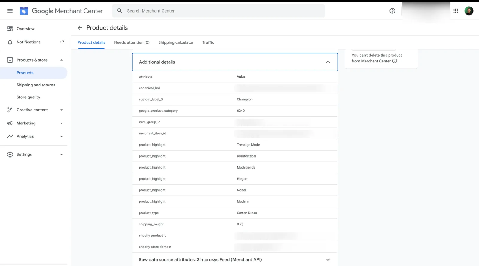 Merchant Center attribute table showing custom_label_0, google_product_category, product_highlight and product_type values for one product