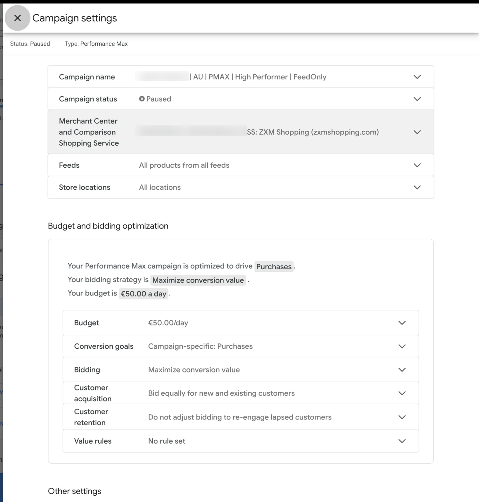 Performance Max campaign settings showing Maximize conversion value bidding, a 50 a day budget, a campaign-specific purchase conversion goal and no value rules