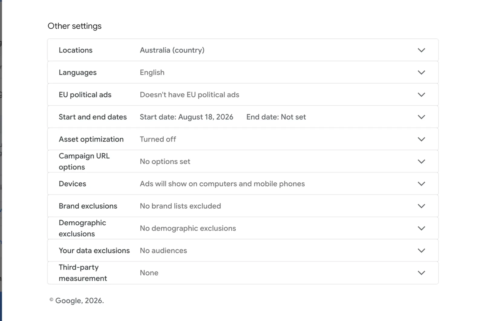 Performance Max other settings showing one country, one language, asset optimization turned off and no brand, demographic or audience exclusions