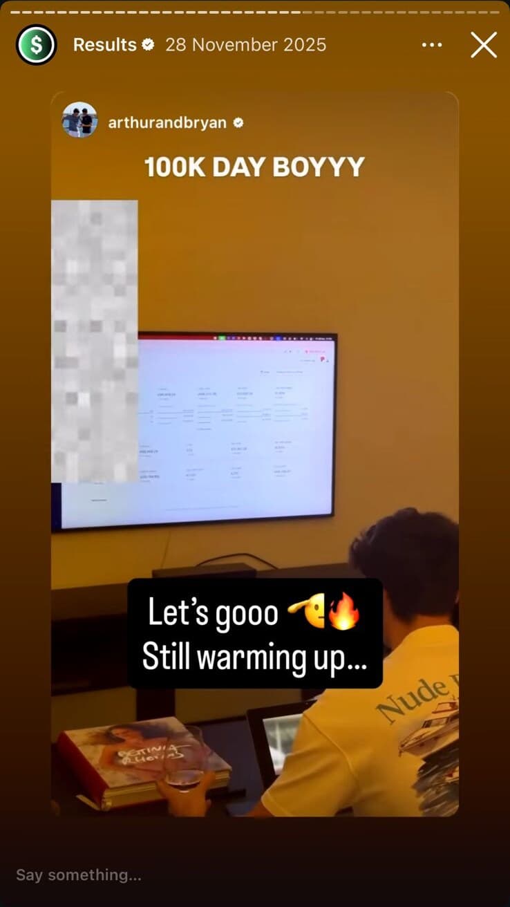 Photo of the team watching a wall TV with live Shopify dashboards. Caption: '100K DAY BOYYY. Lets gooo, still warming up.'