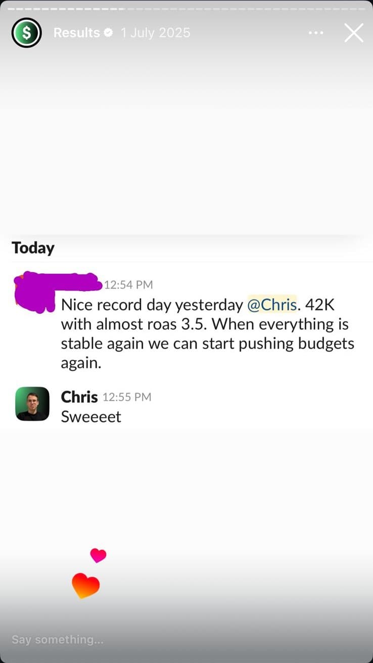 Slack: 'Nice record day yesterday @Chris. 42K with almost ROAS 3.5. When everything is stable we can push budgets again.'