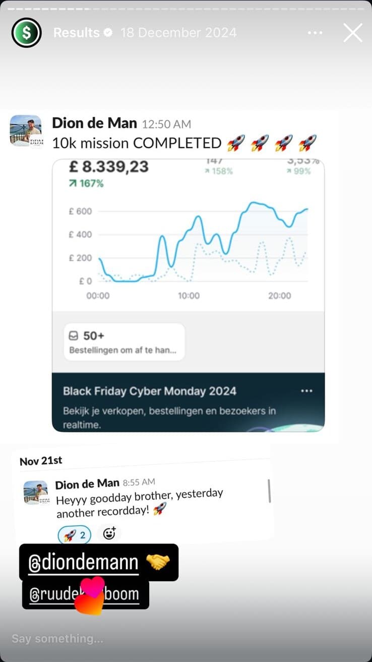 Slack from Dion de Man: '10k mission COMPLETED.' Shopify 8,339.23 pounds (+167%) on the BFCM 2024 dashboard, 50+ orders.