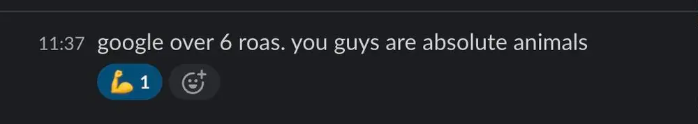 Slack message from a client: google over 6 roas. you guys are absolute animals, with a flexed-bicep reaction.