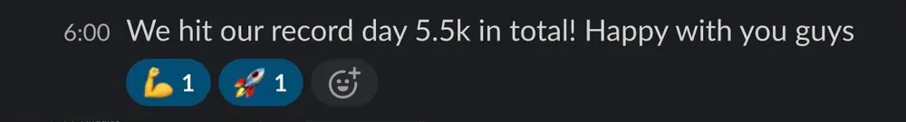 Client Slack message: We hit our record day 5.5k in total! Happy with you guys, with a flexed-bicep and a rocket reaction.